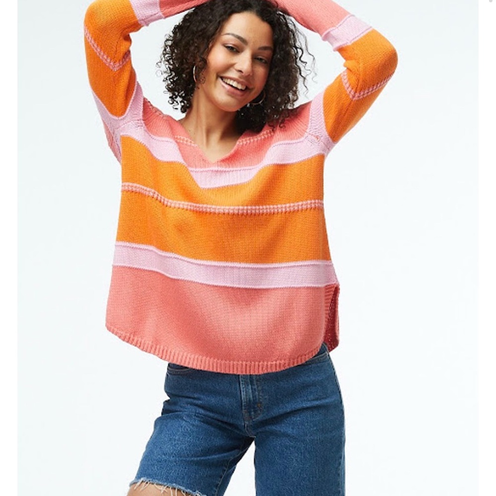 Women's V-Neck Striped Sweater - Orange & Pink